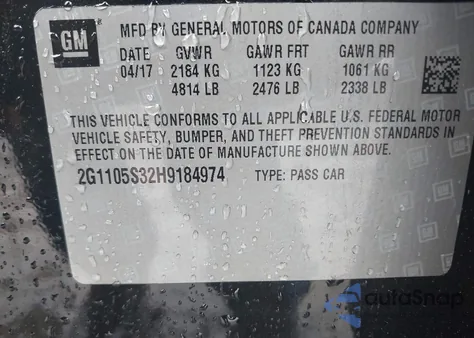 2017 Chevrolet Impala 1Lt z USA, uszkodzony, nr VIN 2G1105S32H9184974